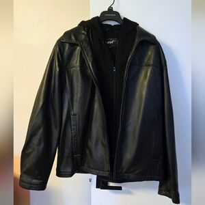 Mens Black Rivet Genuine Leather Jacket with Removable Hood